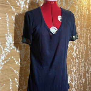 Tory Burch Navy V-Neck Blouse with Plaid Accents